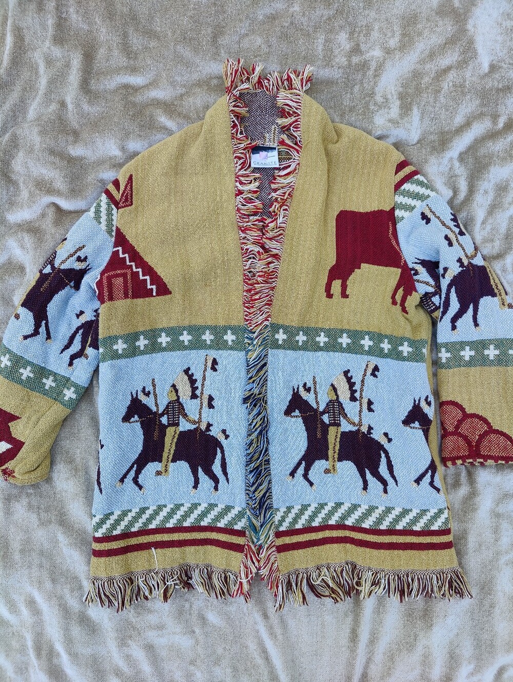Vintage Western-style tapestry cardigan w/ Native American Imagery